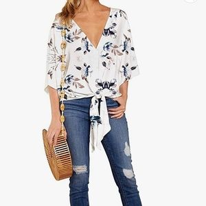 Floral White Knot Front Loose Fit Blouse